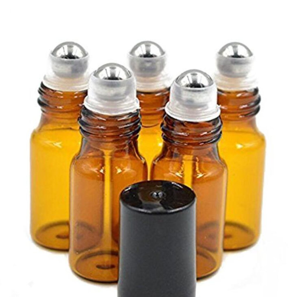 ASTRQLE 20Pcs 5Ml Empty Glass Metal Roller Bottles Container Holder With Black Caps For Essential Oil Perfumes And Lip Balms(Brown)