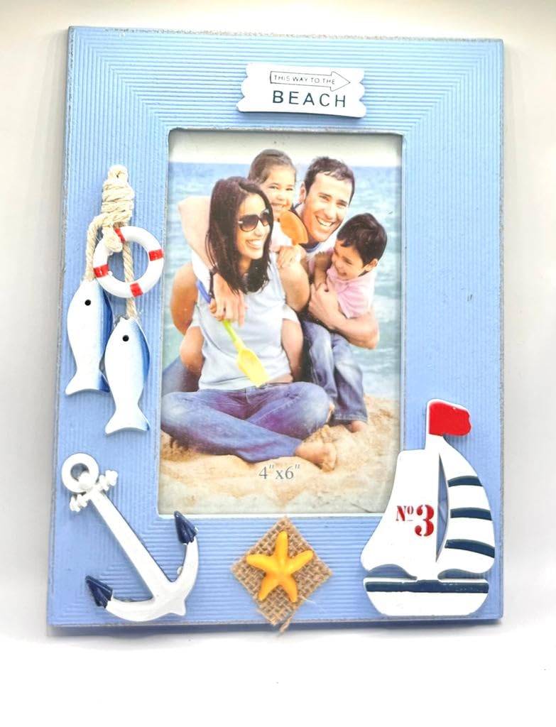 Beach Picture Frame, Wooden Photo Frame with Ornament, Coastal Nautical theme picture Frame (Table Top - 4"x6") Horizontal