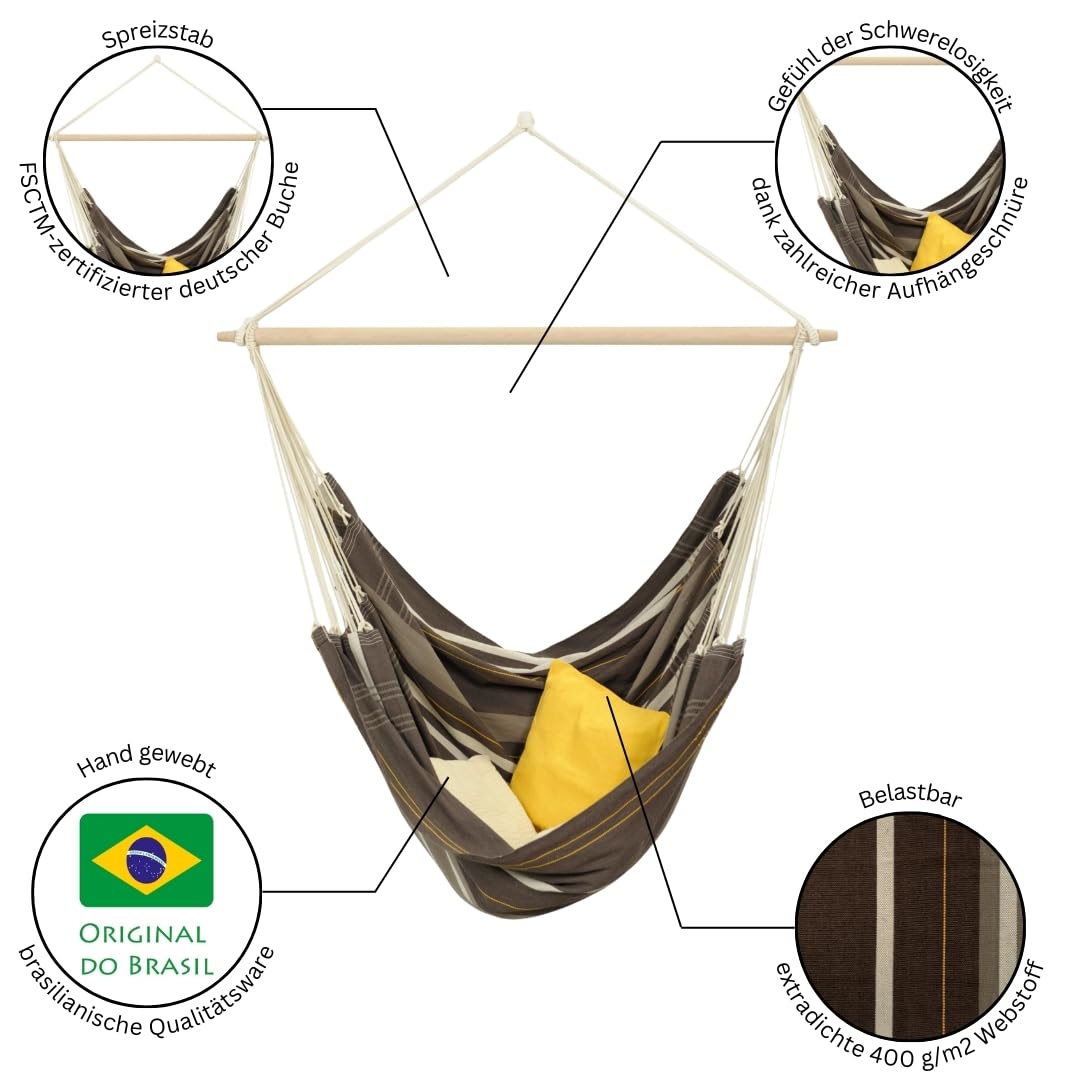 Amazonas - XXL Hängesessel Brasil Gigante | Hängesessel ohne Gestell mit großer Sitzfläche, handgefertigt in Brasilien | Belastbar bis 200 kg; Sitzfläche 2m x 1,4m; Stablänge 1,4m | Farbe: Café