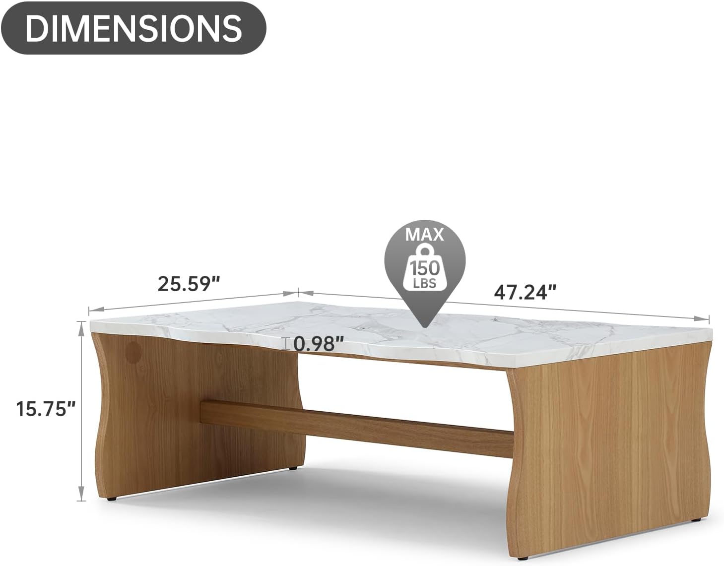 47.24″ Whisper of Waves Modern Coffee Table – White Faux Marble Top + Natural Wood-Veneered Base, Organic Wave Shape Accent Cocktail Table for Living Room, Apartment & Office