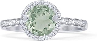 Art Deco Round Brilliant Cut Natural Green Amethyst Prasiolite Halo Pave Around Band Natural Diamond Wedding Engagement Ring 14K Gold