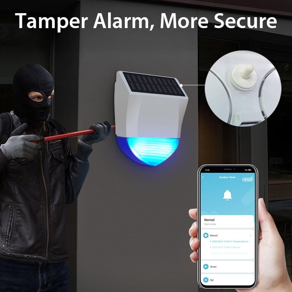 Alarme solaire stroboscopique, extérieur étanche sans fil solaire intelligent WiFi alarme LED lumière stroboscopique détecteur de mouvement, lampe sirène de sécurité for la maison, la ferme, la grange