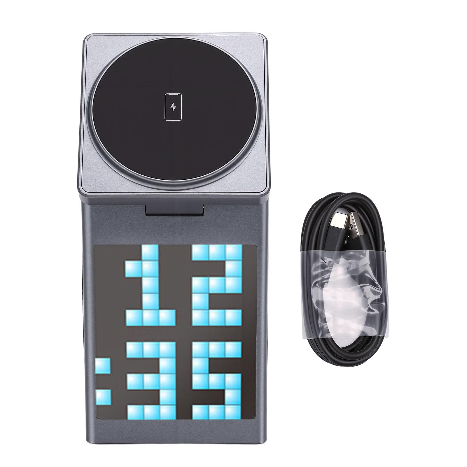 Station de Chargement sans Fil 6 en 1 pour avec Haut-Parleur Bluetooth, Affichage Pixel, Réveil, Chargeur sans Fil pour écouteurs de Montre de Téléphone, Station de Chargement