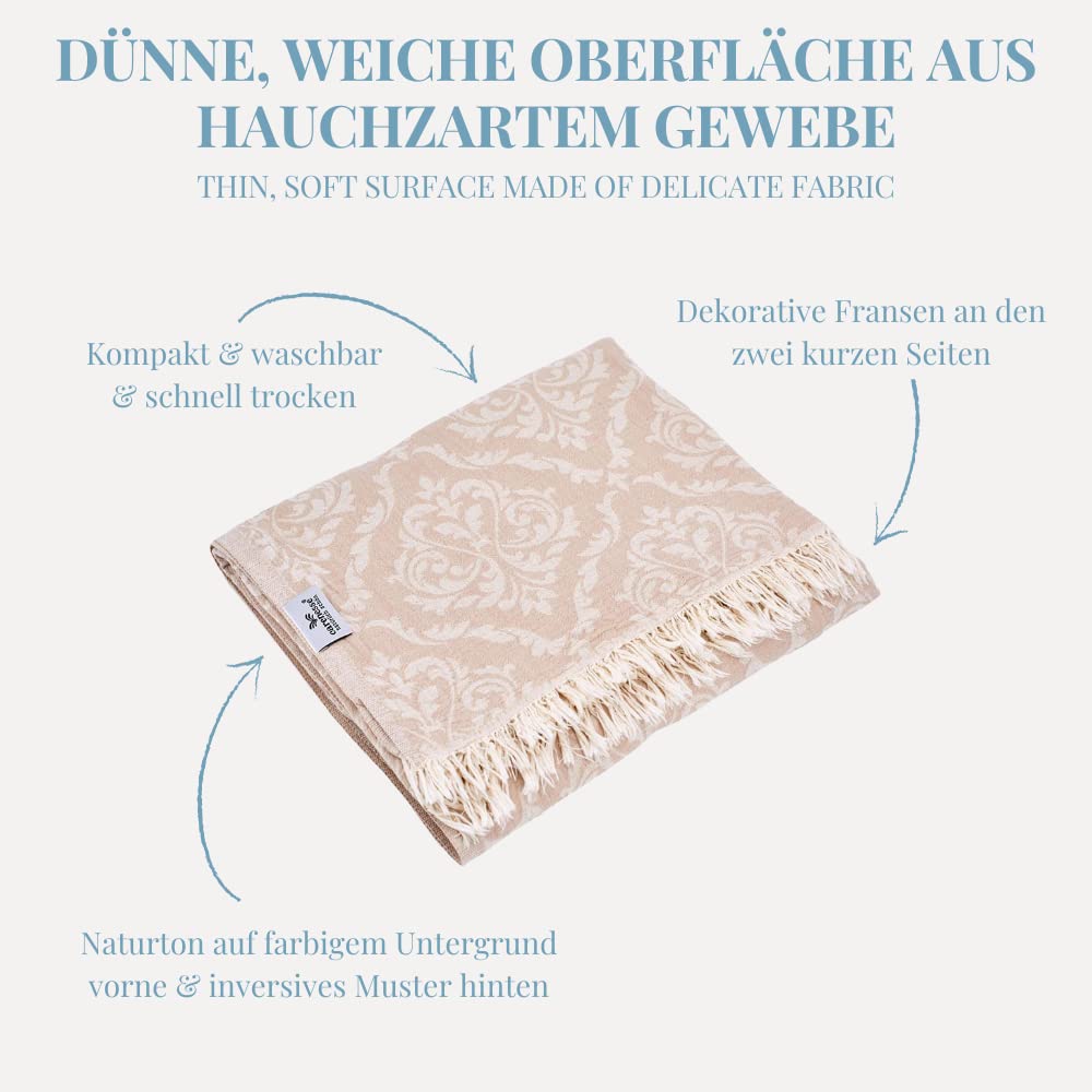 Carenesse Jacquard Tagesdecke King Size Barock 260 x 260 cm beige I Edle & zarte Wendedecke aus 100% Baumwolle mit hochwertiger Webung I Überwurf für Bett & Sofa I Wohndecke dünn & leicht | 100% Baumwolle, Wendedecke Hochwertige Webung Dünn & leicht, wasc