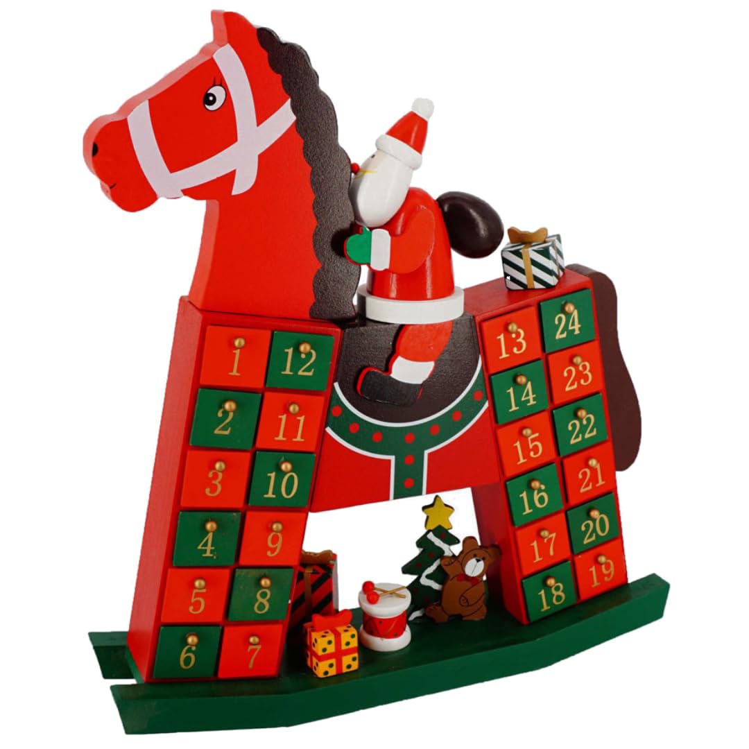 ABC Home Living Decorazione Natalizia Calendario dell'Avvento Cavallo a Dondolo & Babbo Natale 24 Scomparti/cassetti, Legno, Rosso/Verde, ca. 9 cm T x 36,5 cm B x 40 cm H