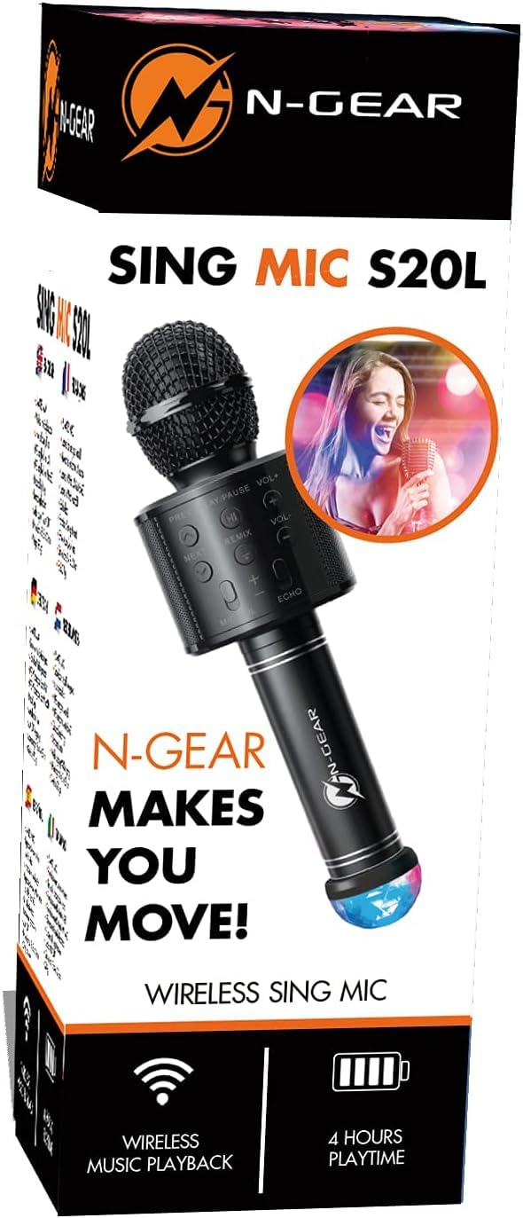 NGEAR SingMic S20L Bluetooth Karaoke Mikrofon mit 10W Max Leistung, 2 Zoll Lautsprecher, RGB Disco LED Beleuchtung, drahtloser Musikwiedergabe, Voice Effekten, MP3 über USB/MicroSD und AUX Ein/Ausgang