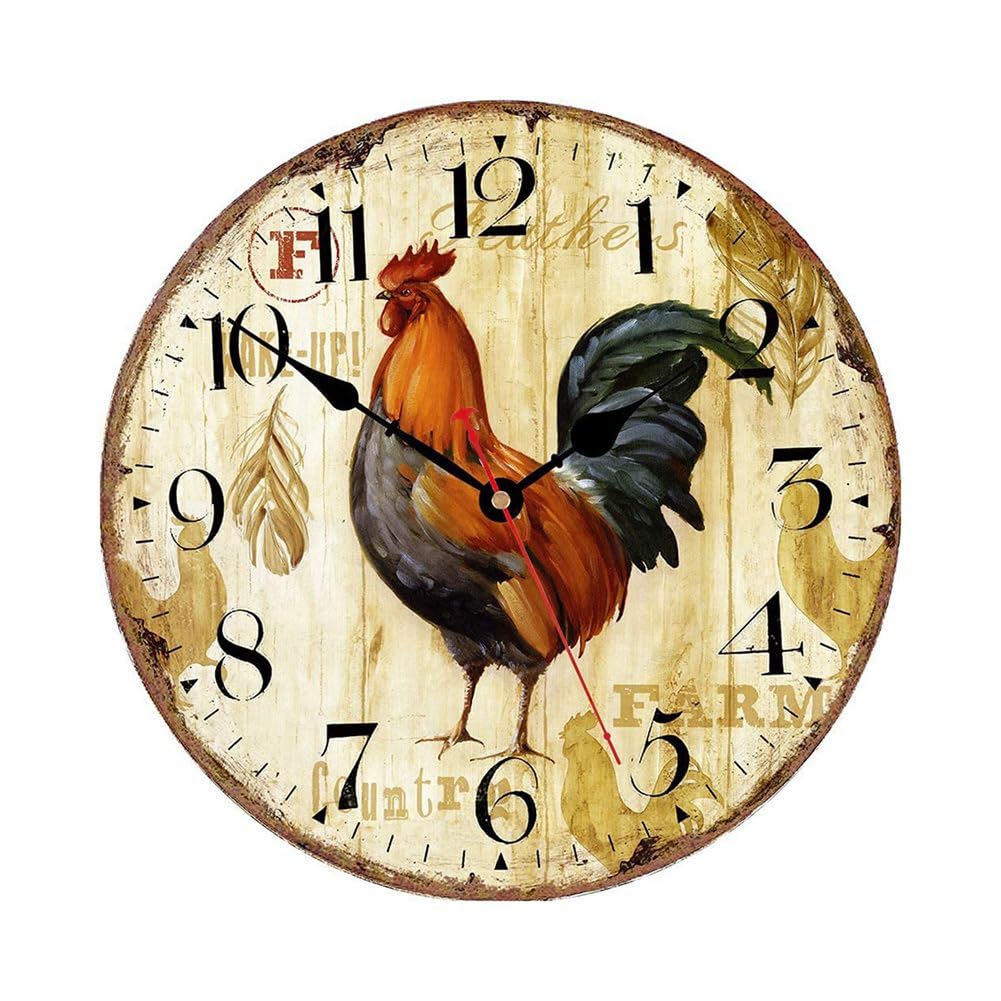 CTRLZS Kitchen Wall Clock 10 Inch Rustic Rooster Silent Non Ticking Wall Clock Quartz Battery Operated Round Wall Clock
