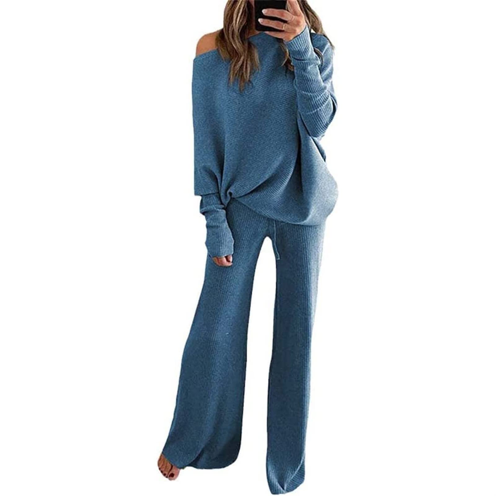 Dwuczęściowy Garnitur Z Dzianiny Damski Elegancki Dzianinowy Top Z Długimi Rękawami Sweter Z Dzianiny Z Szerokimi Nogawkami Spodnie Sweter Garnitur Strój Do Joggingu Komplet Garniturów Ulicznyc