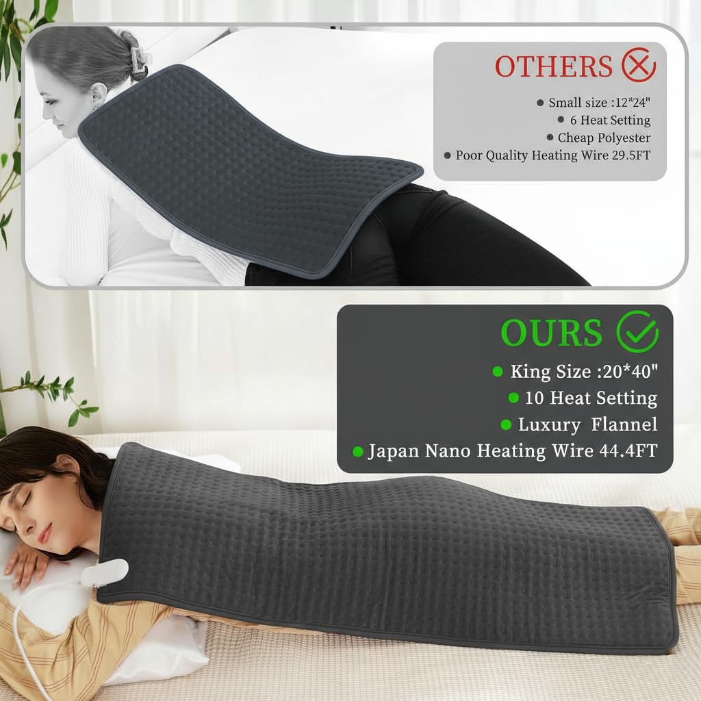 Termoforo Elettrico XXL 100x50cm - Cuscino Riscaldante con 10 Livelli di Temperatura e Timer, Morbida Flanella per Schiena Spalle Collo, Spegnimento Automatico e Lavabile