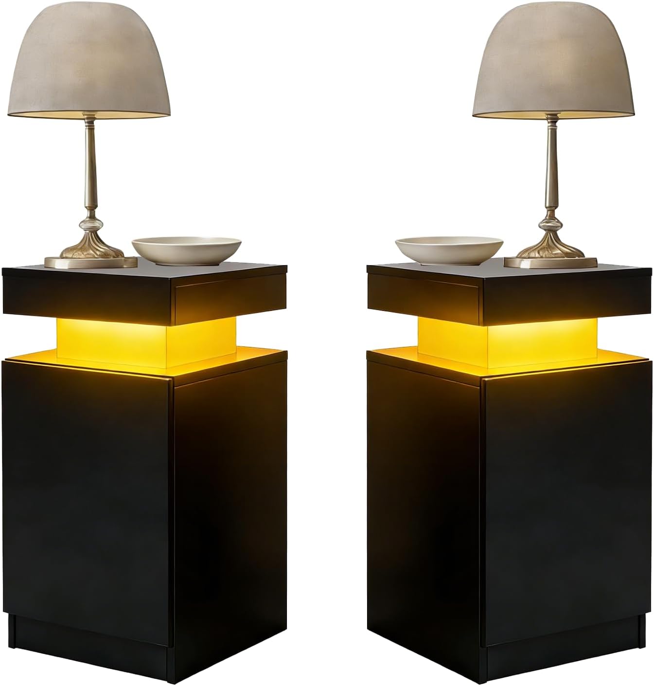 Nightstand Set of 2, Night Stands with LED Lights, Bedside Table End Side Table with Storage Cabinet for Bedroom, Black