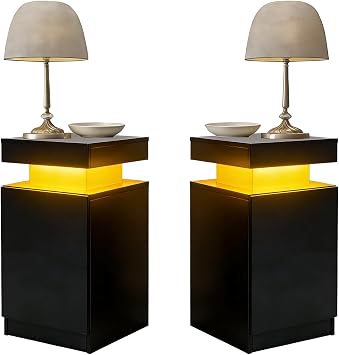 Nightstand Set of 2, Night Stands with LED Lights, Bedside Table End Side Table with Storage Cabinet for Bedroom, Black