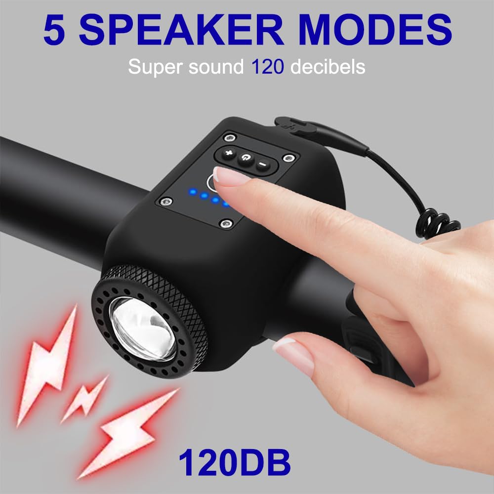 Campanello Bici Elettrico, Clacson Bici Elettrica Con Luci per Bicicletta, 6 modalità sonore, 4 modalità di illuminazione, Ricaricabile tramite USB, Impermeabile, Per monopattini elettrici, MTB