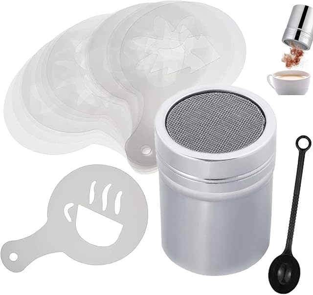 acdokuk Powder Shaker,Stainless Steel Mesh Chocolate Shaker Duster with 16 Piece Coffee Stencils Set for Kitchen, Drinks and Baking