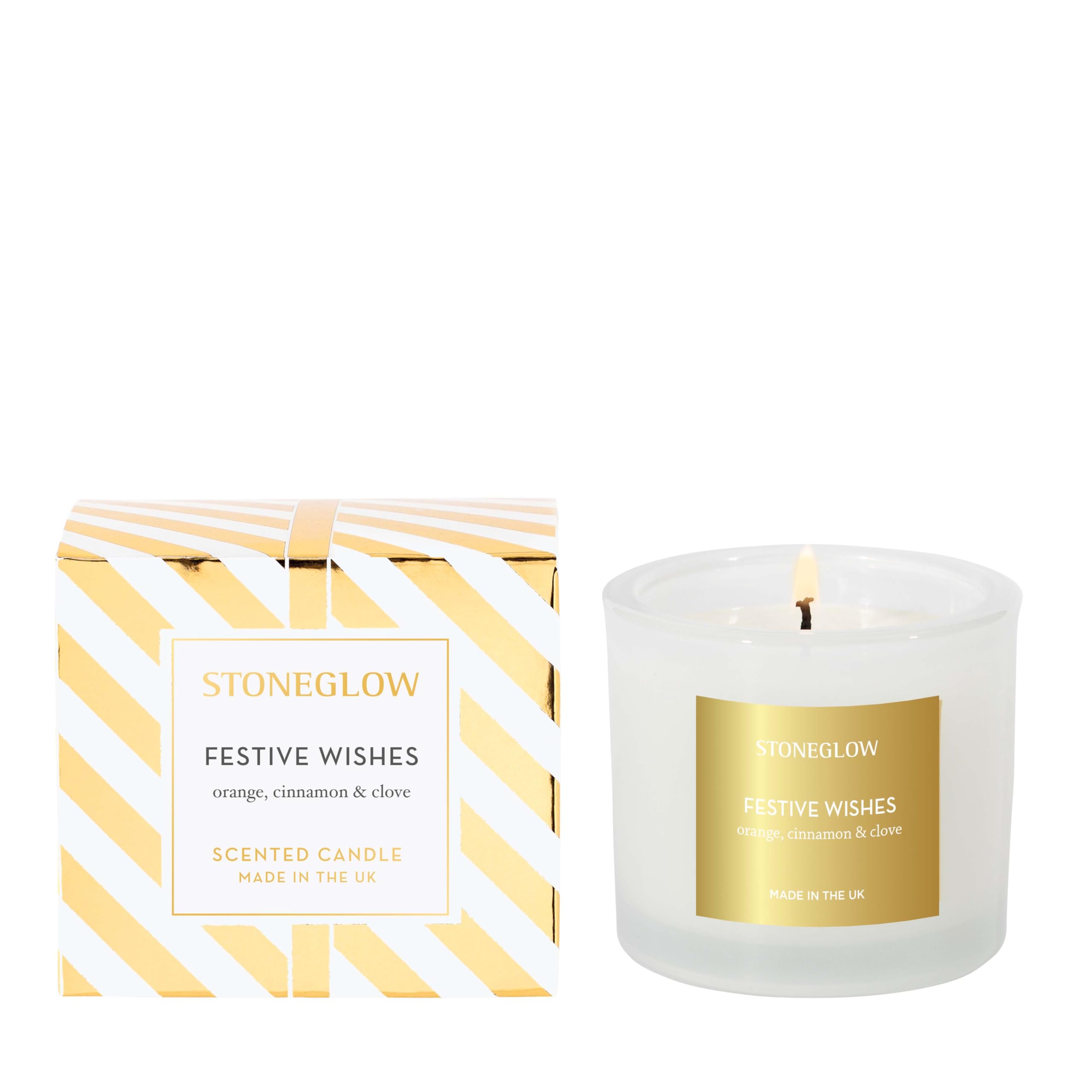 Stoneglow White & Gold Seasonal Collection - Festive Wishes - Orange, Cinnamon & Clove Scented Candle 210 Grams White