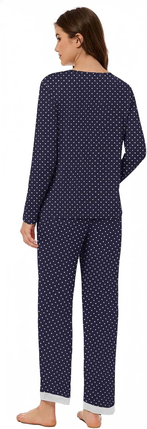 LUBOT Bamboo Viscose Pajamas for Women Soft Breathable Womens Pajama Set Two Piece PJ Sets Long Sleeve Pants Printed Pattern Loungewear Nightwear Sleepwear (Navy Blue Dot,L) - Image 6