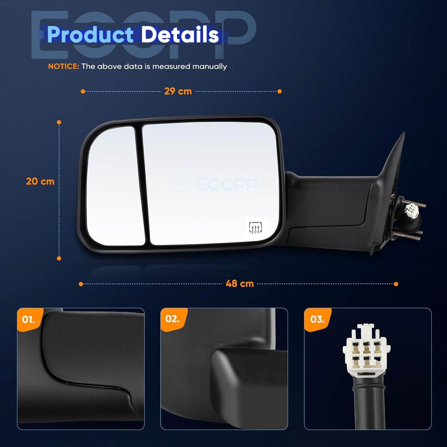 ECCPP Towing Mirrors Left and Right Side Tow Mirrors Replacement fit for 1998-2002 for Dodge for Ram 1500 2500 3500 Truck with Power Adjusted Heated No Light A Pair Manual Filp up