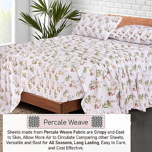 RUVANTI 100% Cotton King Size Sheets Set, 4 Pieces, Soft & Breathable Percale Weave Bedding, Deep Pocket 16", Hotel Standard, Crisp Cool Feel, Durable, Perfect Floral Bed Sheet, Floral Bliss