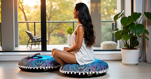 Miniatura 5 de Funda redonda para cojín de mandala, estilo hippie, bohemio, otomana, con pompones, funda decorativa, boho, india, 22 pulgadas (multicolor Yin yang)