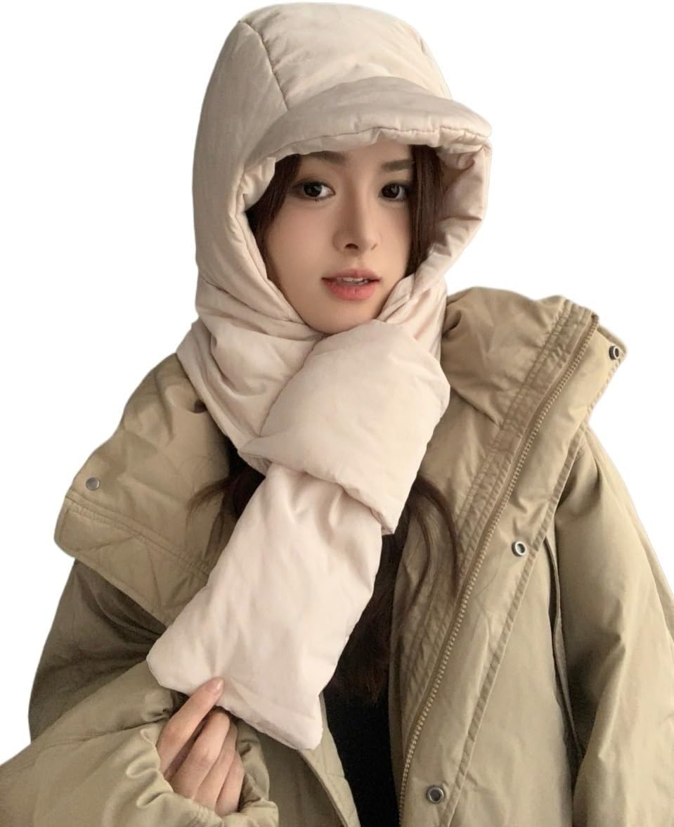2024 Winter Down Cotton Hat Set - Windproof Hooded Scarf, Soft Warm Balaclava Beanie Cap for Men and Women (Grey, Light Gray, Black)
