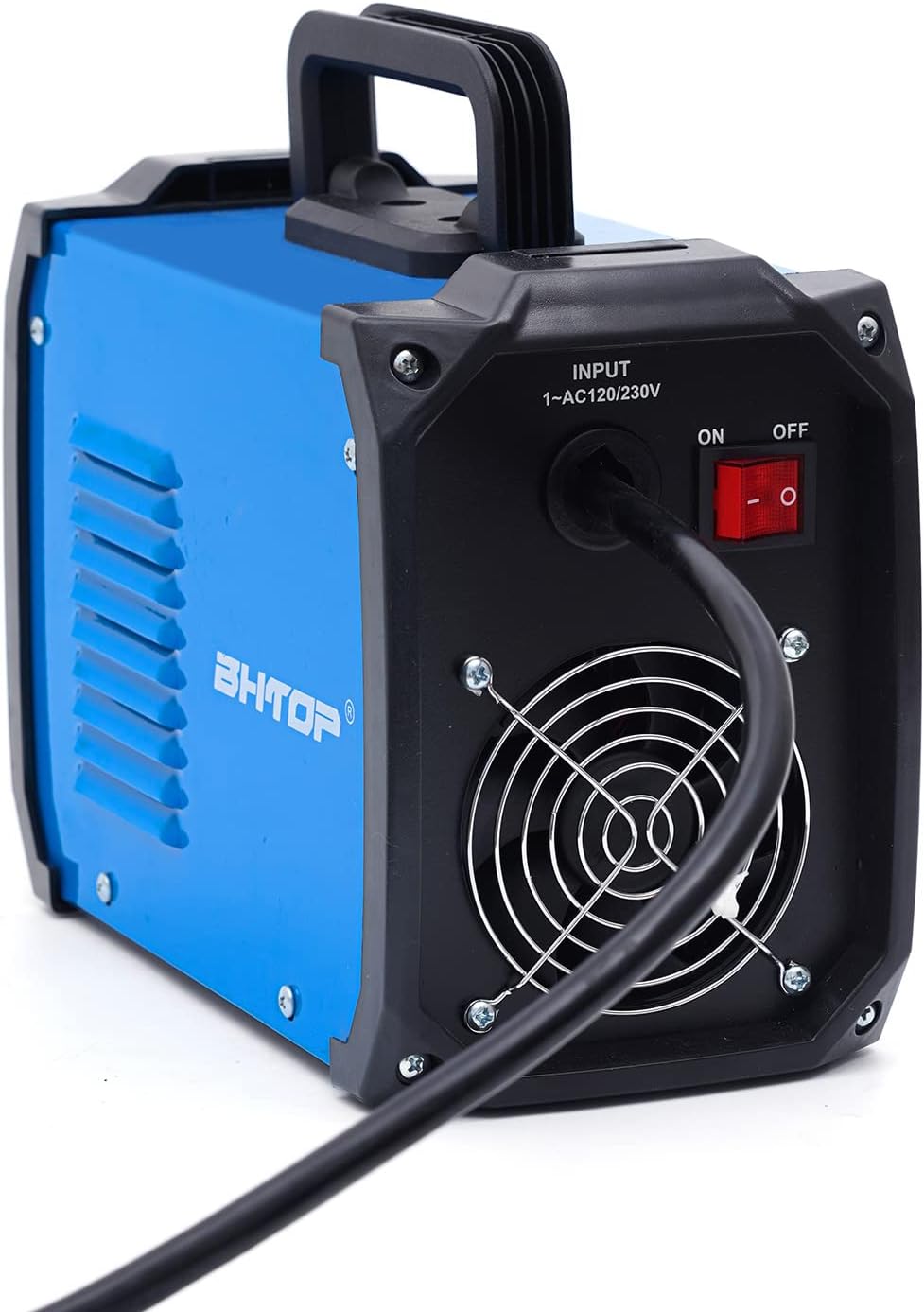 Close-up of the BHTOP MMA-160 welder's rear panel, showing the power input, ON/OFF switch, and cooling fan vent.