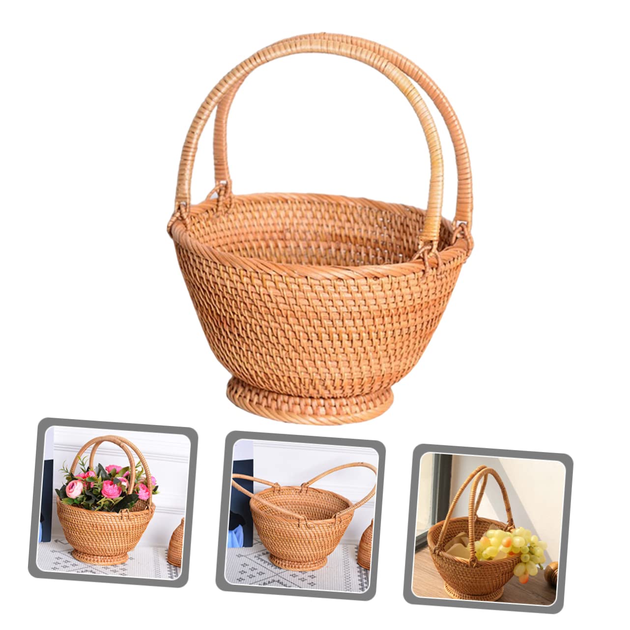 Cabilock Cesta De Rattan Tejida Para Picnic y Almacenamiento Portátil Para Frutas y Flores Para Familiar y Actividades