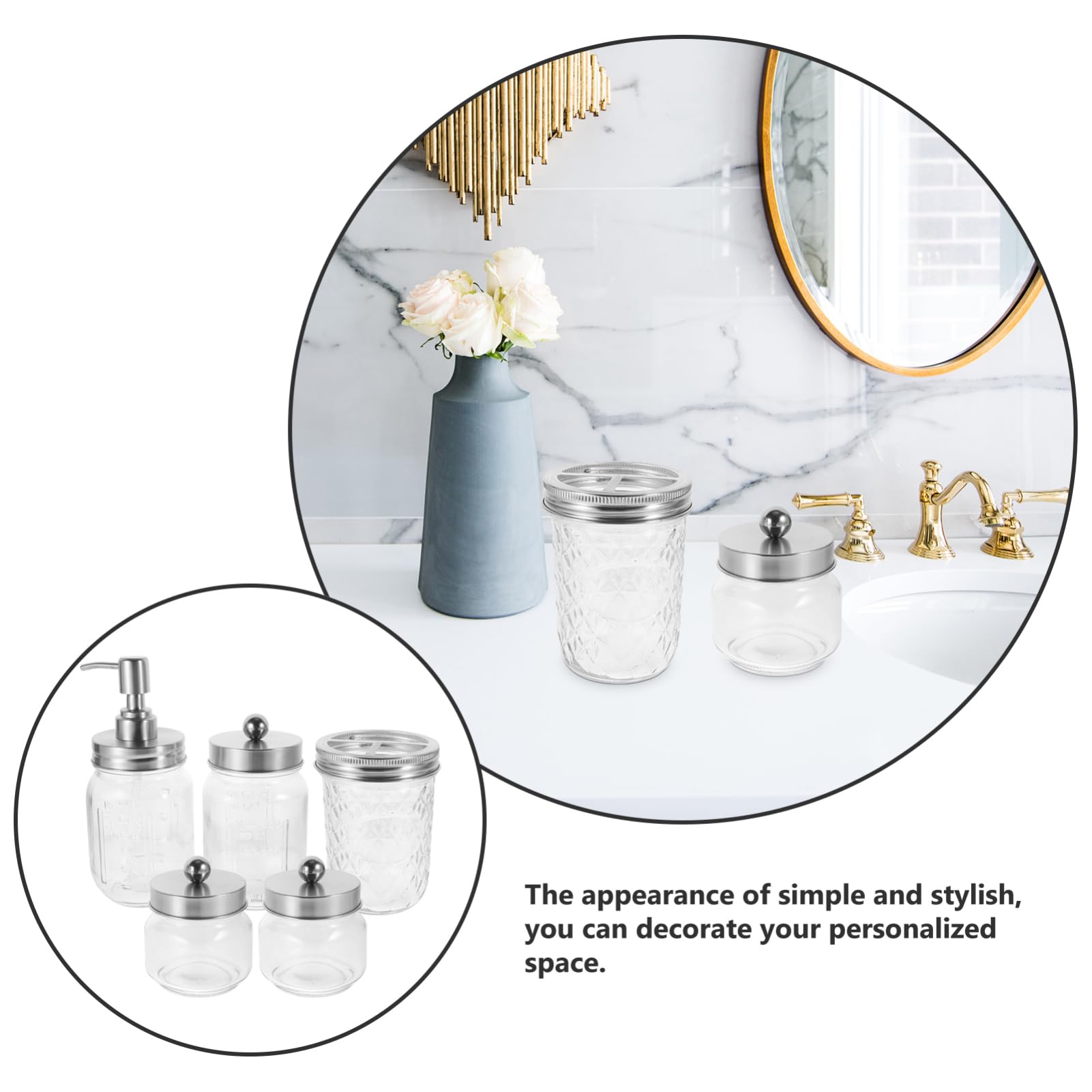 ULTECHNOVO Set Accesorios Baño 5 Piezas Dispensador de Jabón de Espuma, Soporte para Cepillos de Dientes y Tarros de Almacenamiento de Vidrio y Acero Inoxidable para Baño