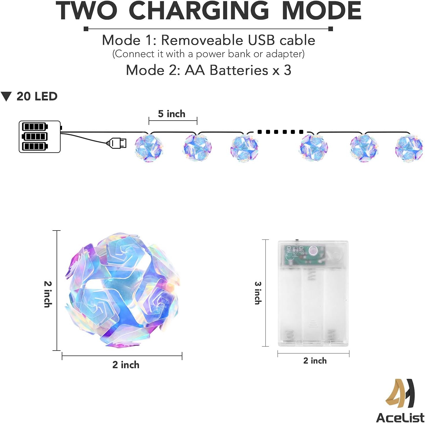 AceList 20 LED Globe Disco Ball Mirror String Lights, 10ft USB&Battery Powered Fairy Lights, Eid Ramadan Decoration Lighting for Mother's Day Gifts, Tree Decor Outdoor Indoor Patio Party Garden