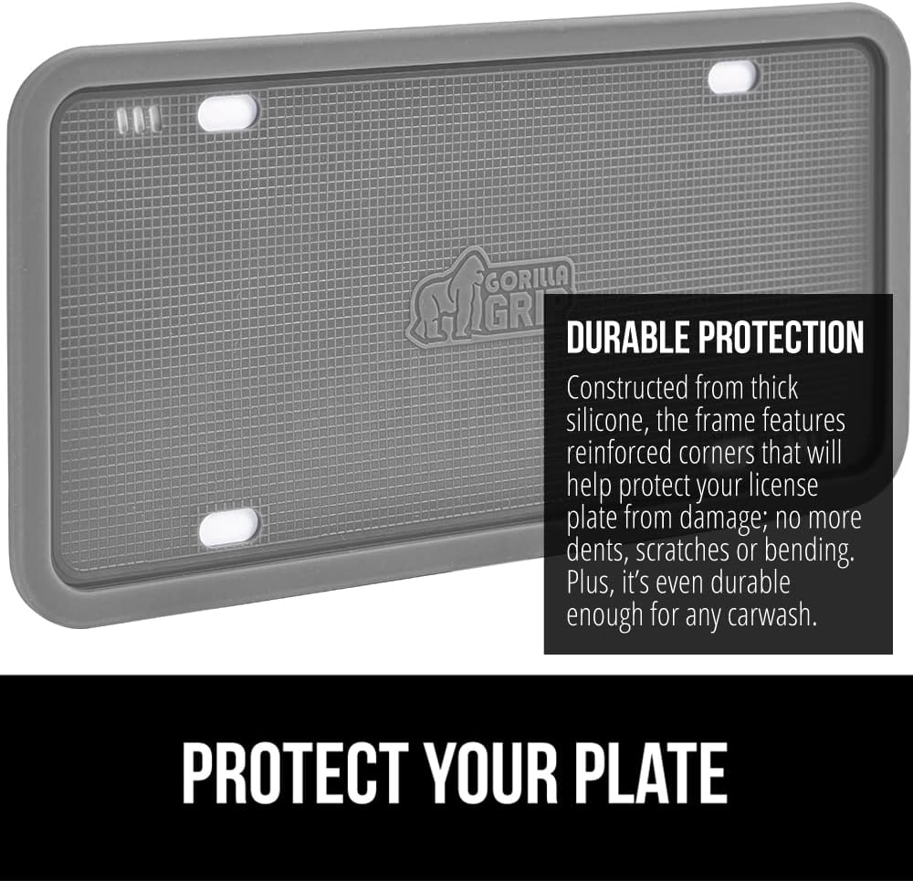 Gorilla Grip Silicone Car License Plate Frame Protector, Rattle Rust Proof Rubber, Street Legal, Front or Back Plate Holder, Universal Fit Cover on US Plates, Weather Resistant Brackets, 1 Pack, Gray