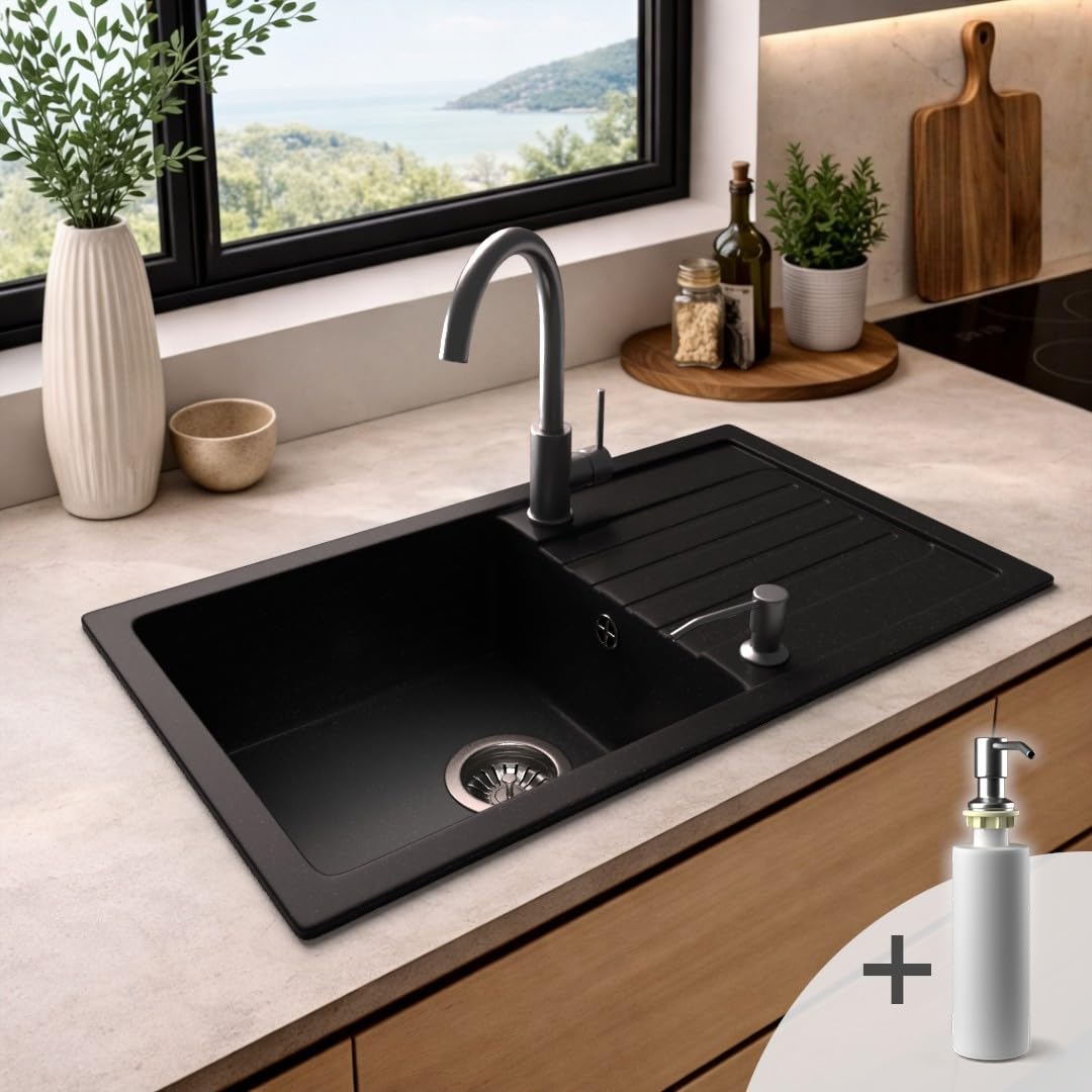TOP! LINDBERGH® Granit Spüle + kompl. Siphon und Seifenspender, Einbauspüle Küchenspüle Spülbecken - Verbundstoffe MADE IN GERMANY (1. Spüle PRO11 Schwarz)
