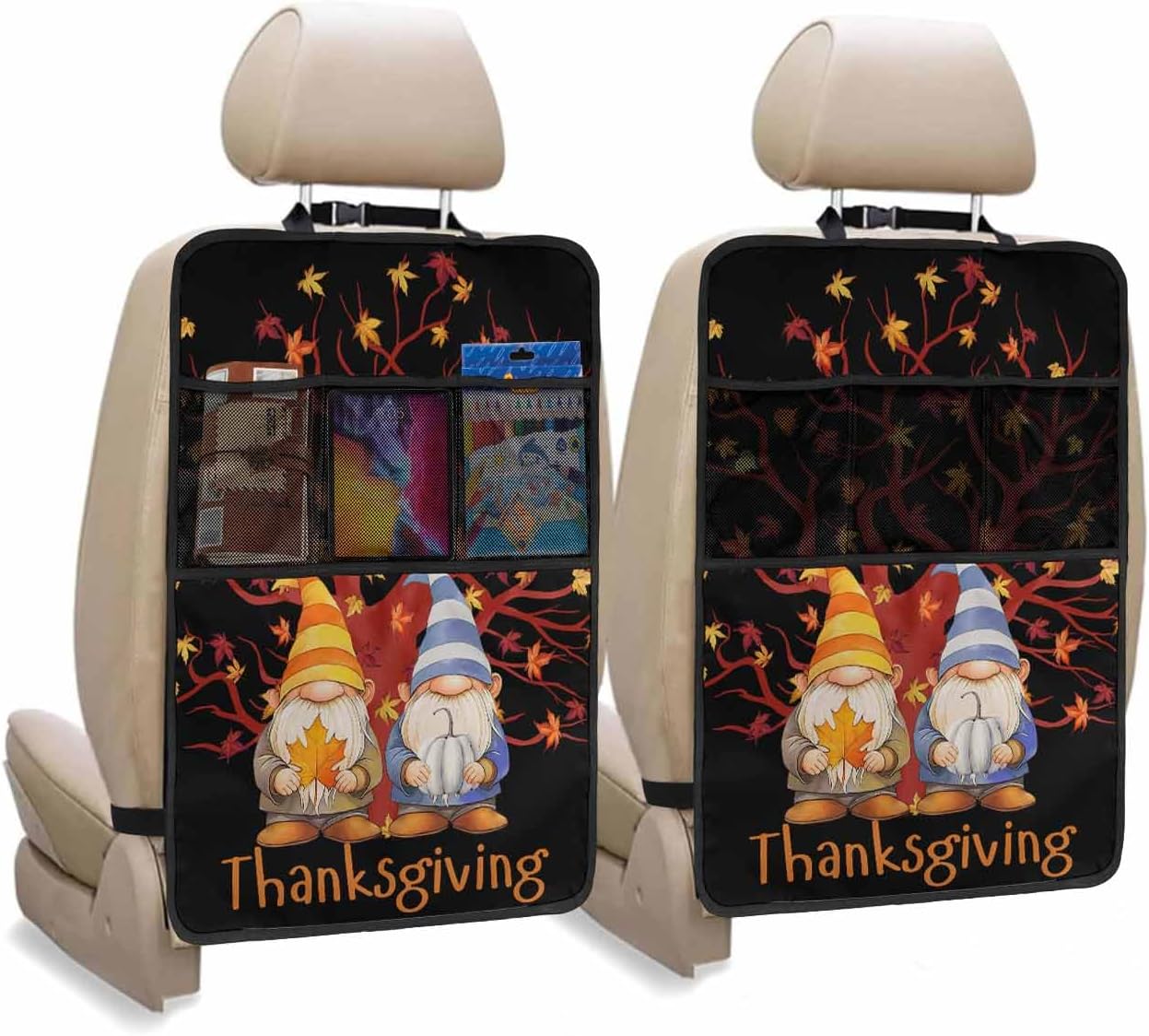 Car Seat Protector, 2 Pack Kick Mats Back Seat Protector Fall Thanksgiving Gnome Tree Pumpkin Maple Leaves Black Waterproof Backseat Cover for Kids Universal Fit Automotive Interior Protectors