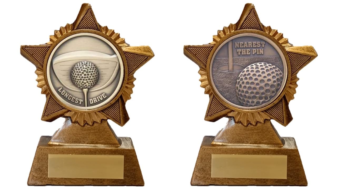 Longest Drive and Nearest the Pin Golf Trophy Award Twin Pack Premier Star Antique Gold 120mm Heavy Resin Free Engraving -troshow1-trd