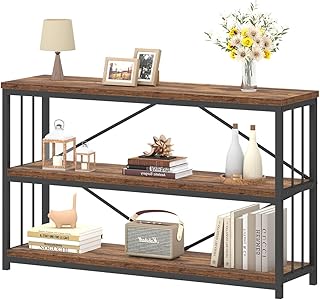 IBF Farmhouse Low 3 Tier Bookshelf, Industrial Rustic Horizontal Wood Bo...