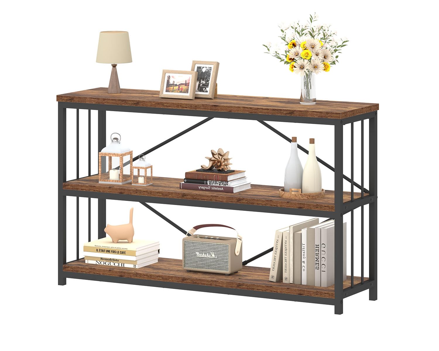 IBF Regal mit 3 Ebenen 120 cm Breit Bücherregal Holz und Metall Vintagebraun Offenes Standregal Industrielles Würfelregal Bücherschrank für Wohnzimmer Schlafzimmer Büro Küche 34 x 120 x 74 cm