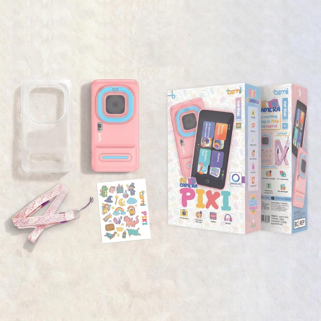 Bemi Pixi Aparat Edukacyjny dla Dzieci z AI, 4" Ekran Dotykowy, Rozpoznawanie Obrazów AI, Interaktywna Nauka, Aparat 5MP, 16GB, Wi-Fi, Android, Różowy (Różowy)