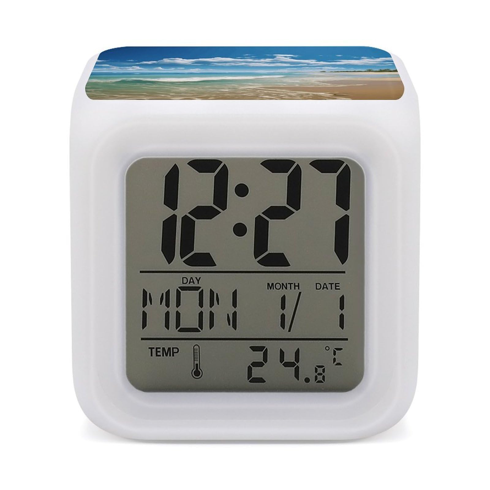 Reloj despertador digital Sandy Beach con luz de 7 colores y temperatura