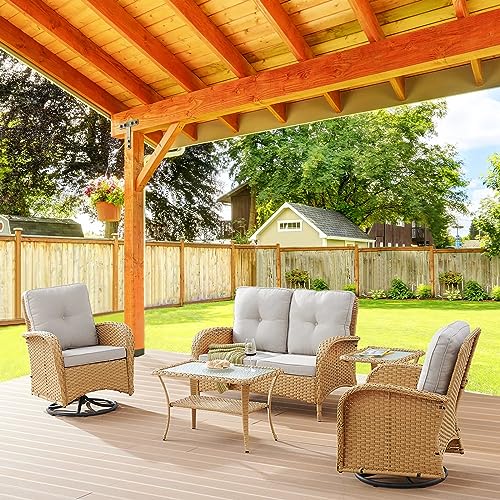 Belord 3 Piece Patio Furniture Sets Wicker Swivel Rocker Chairs - Outdoor Swivel Rocking Chairs Set of 2 with Rattan Side Table, Patio Swivel Glider Chair Bistro Set for Patio Porch Pool Beige Cushion by Belord - Used condition - Image 2