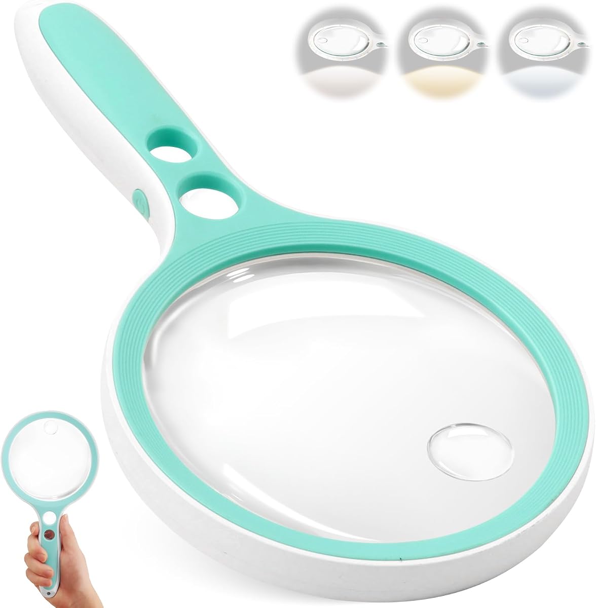 Large Magnifying Glass with Light,10X 25X 45X 60X Handheld Illuminated Lighted Magnifier, 5in Page Reading Magnifier with 12 LED Lights for Seniors Reading, Coins, Jewelry, Close Work - Green | 5-inch large lens with built-in LED light, handheld magnifier for seniors reading, coins and close work