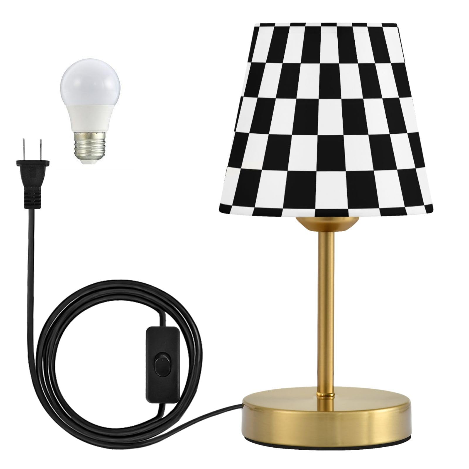 ALAZA Tischlampe für Schlafzimmer Nachttisch Schwarz Weiß Kariert Nachttischlampe mit USB-Anschluss Stoffschirm Dimmbar Schreibtischlampen Bronze Metallsockel Wohnzimmer