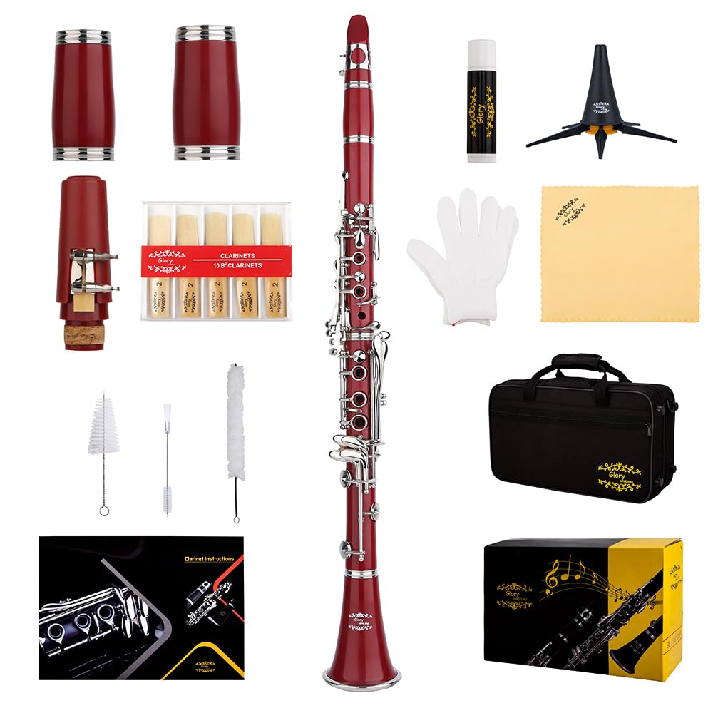 Glory GLY-CLARD Professional Ebonite Bb Clarinet with 10 Reeds, Stand, Hard Case, Cleaning Cloth, Mouthpiece Brush and Pad Brush,Red
