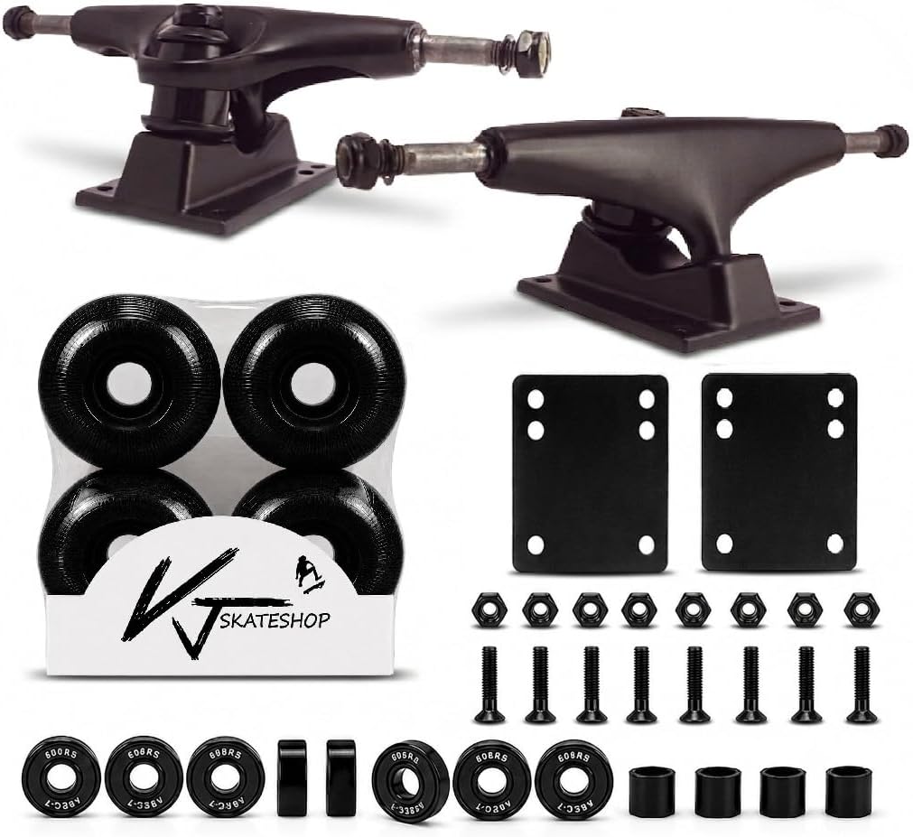 VJ Skateboard Trucks Ruedas Rodamientos Hardware Riser Pad Kit para plataforma de 7,5-8" | Kit completo de piezas de monopatín con ejes, ruedas, rodamientos y hardware