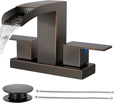 Cobbe Waterfall Bathroom Faucets 3 Hole, Oil Rubbed Bronze Bathroom Sink Faucet Square 4 Inch Centerset with Pop-Up Drain, 2 Handle and 2 Supply Hoses, Lead-Free Stainless Steel for Vanity Sink Rv