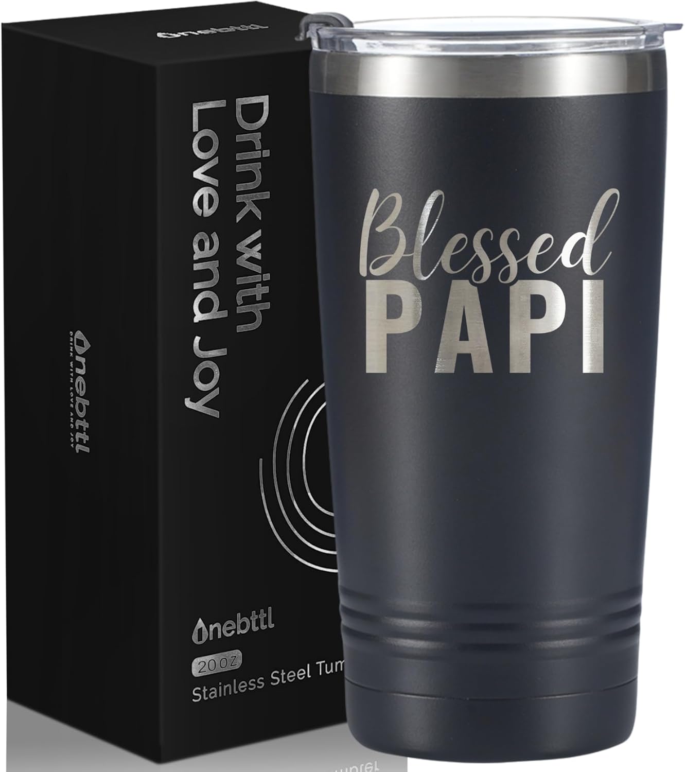 Onebttl Papi Gifts, Grandpa Gifts from Grandchildren, Father's Day Gifts for Papi, Laser Engraved Design, 20oz/590ml, Stainless Steel Tumbler with Straw & Lid, Black - Blessed Papi