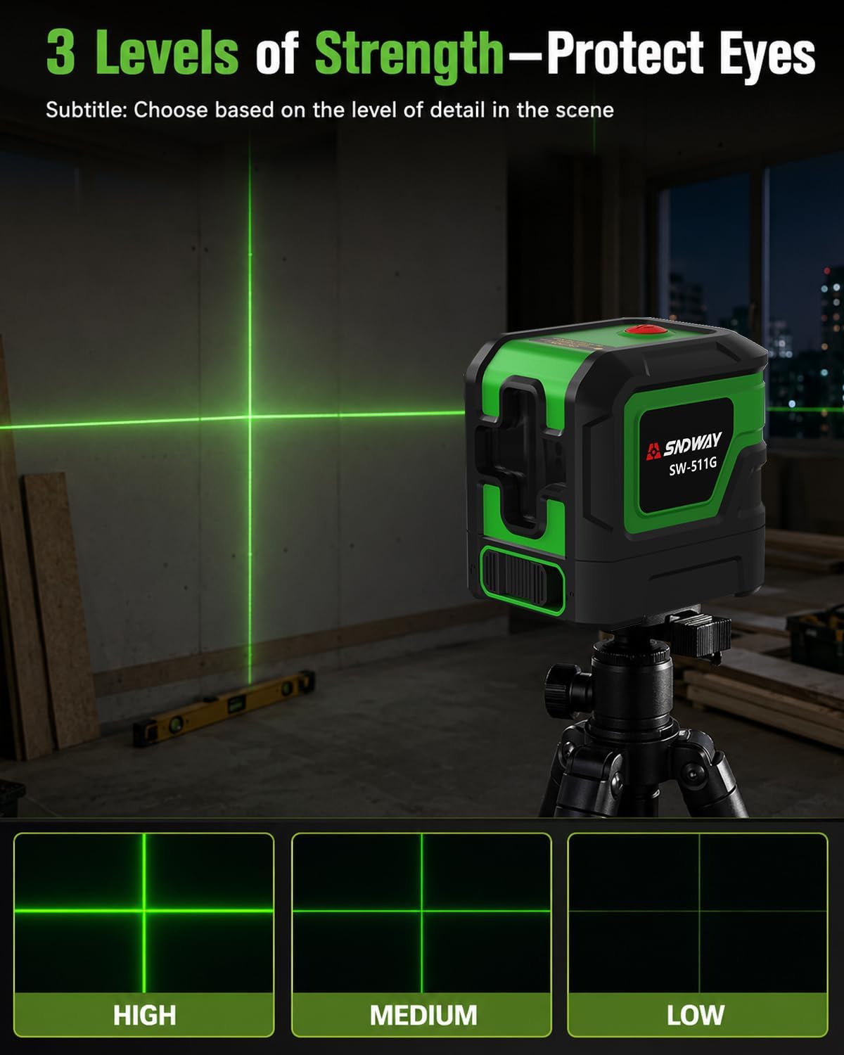 SNDWAY Pocket Green Laser Level 100Ft, Self-Leveling & 3 Laser Intensities | Rotatable 360 Degree, Magnetic Bracket, Picture Hanging, Tile, Decoration & DIY Construction, Indoor Use