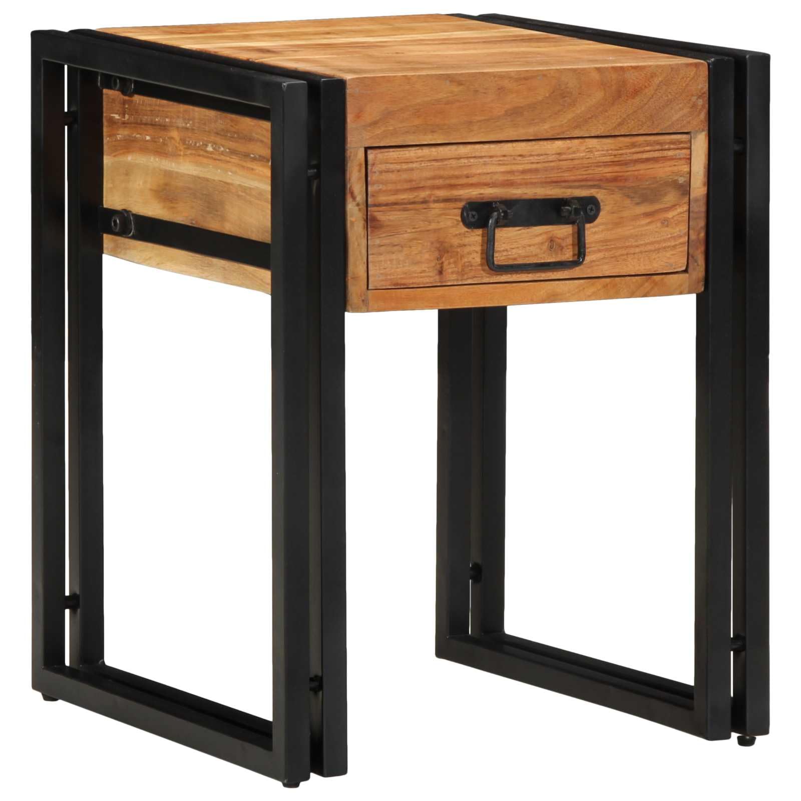 SXZenSpace End Table Brown Black 40 x 50 cm Solid Acacia Wood Side with Drawer & Metal Frame Small Coffee for Living Room Bedroom Hallway