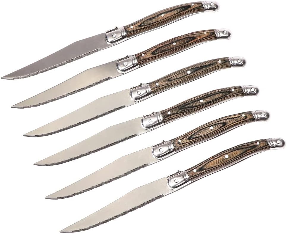 Steak Knife Set, 6 pieces of full Tang stainless steel steak knife western food set steak knife Pakkawood handle Laguiole cutlery set BY KKZY
