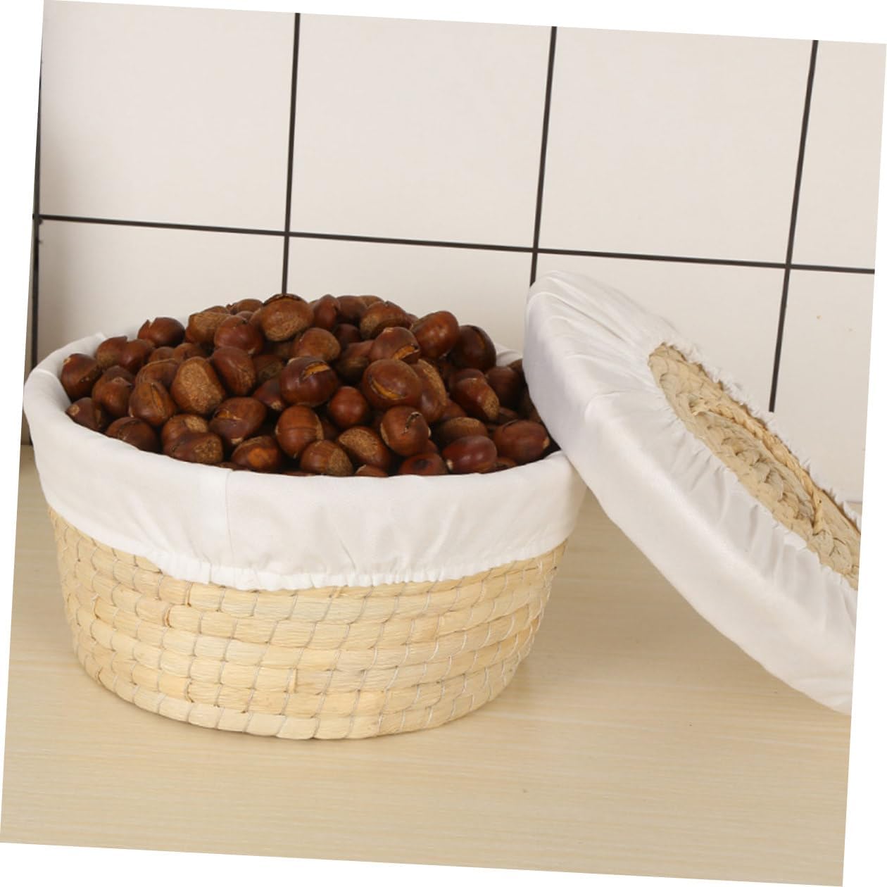 Woven Storage Bread Basket with Lid, 30cm round Straw Knit Basket for 8-10 Steamed Buns and Eggs, Kitchen Woven Holder for Food Storage and Serving