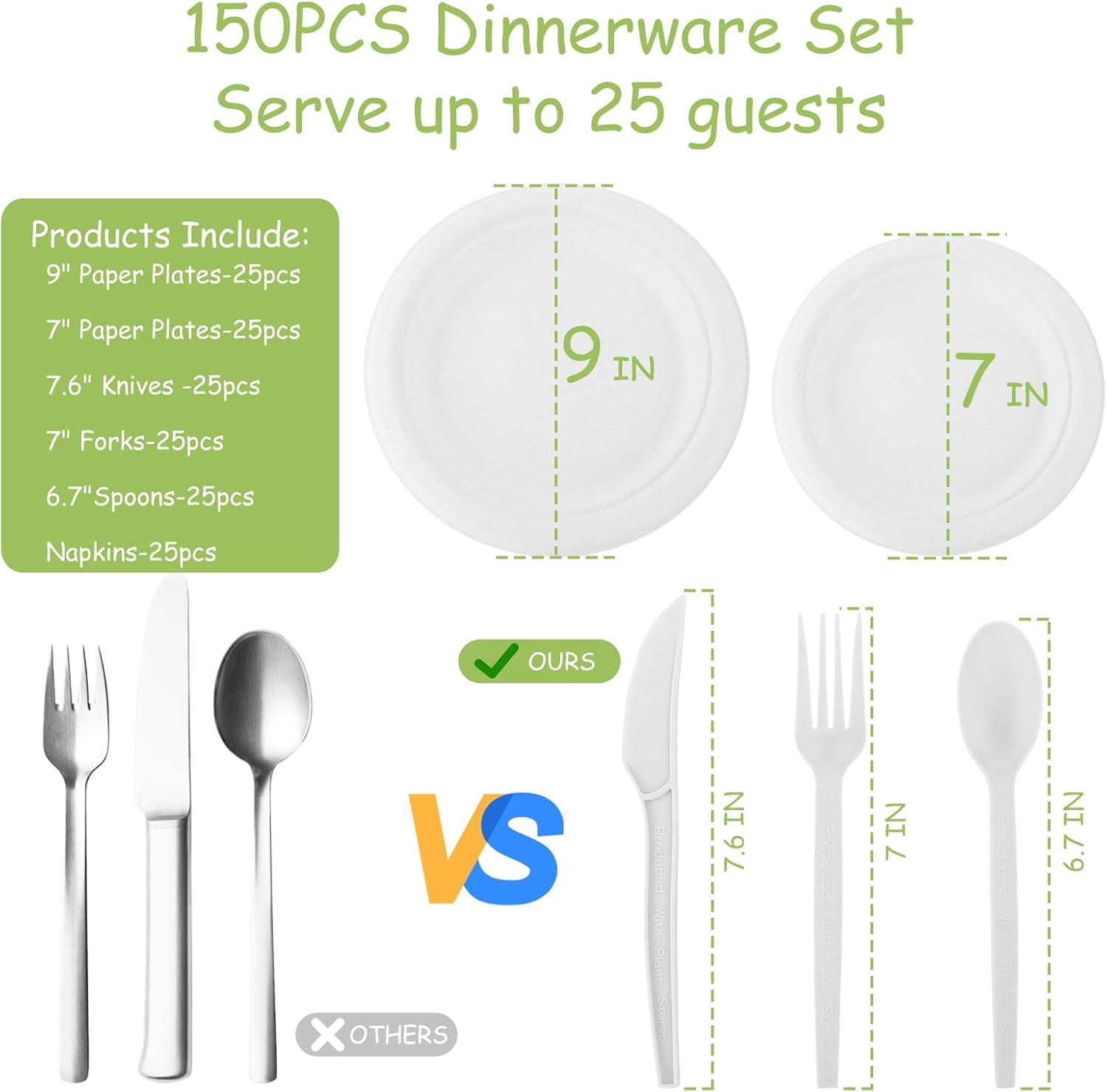 150 Piece (25 Sets) Biodegradable Paper Plates Set Disposable Heavy-Duty Eco Friendly Dinnerware Set,Include Plates,Forks,Knives,Spoons,Napkins for Birthday Camping Party Picnic BBQ
