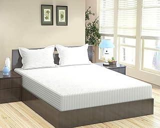 Trance Home Linen 100% Cotton 400 TC Satin Striped Elasticated Fitted Bedsheet with 2 Pillow Covers-(King 78x72 inch, White Striped)