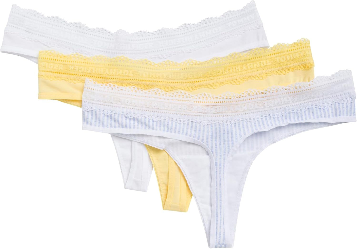 Tommy Hilfiger Women's Cotton Logo Lace Trim Thong 3-pack