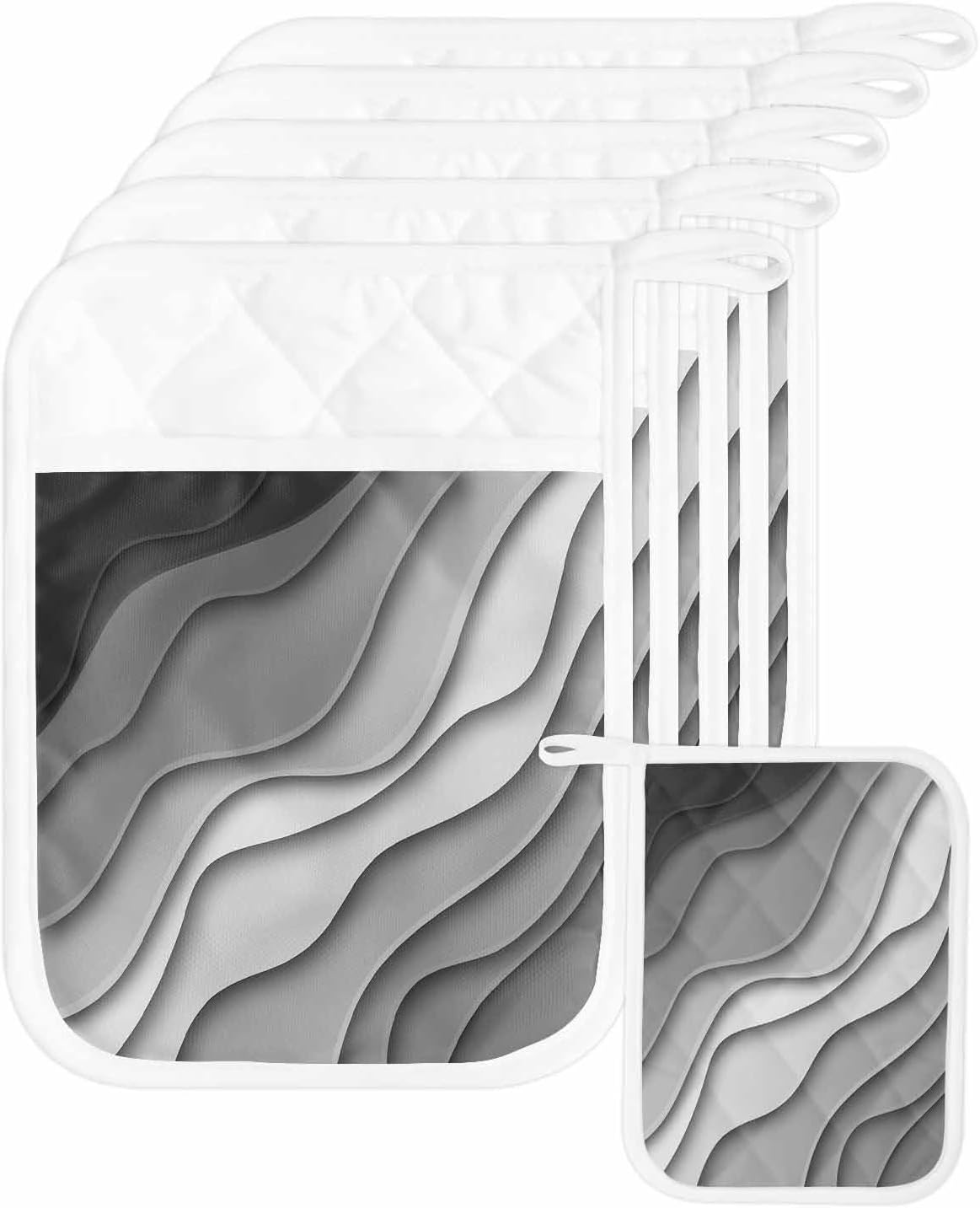5 Pack Pot Holder with Pocket, Black Grey Ombre Gradient Water Ripple Kitchen Potholders Heat Proof Non Slip Pot Holders Sets, Abstract Lines Modern Art Hot Pads Potholder for Cooking Baking BBQ
